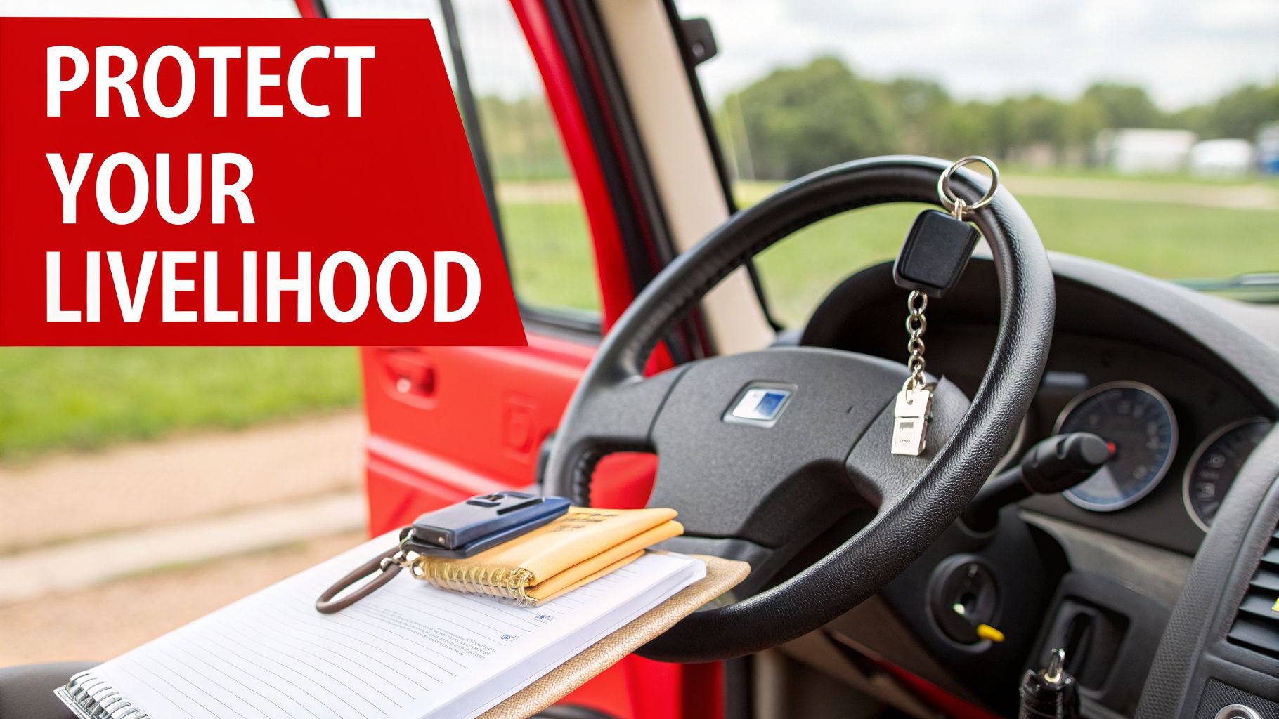 Close-up of a red truck's interior with a sign saying 'PROTECT YOUR LIVELIHOOD', keys, and documents.