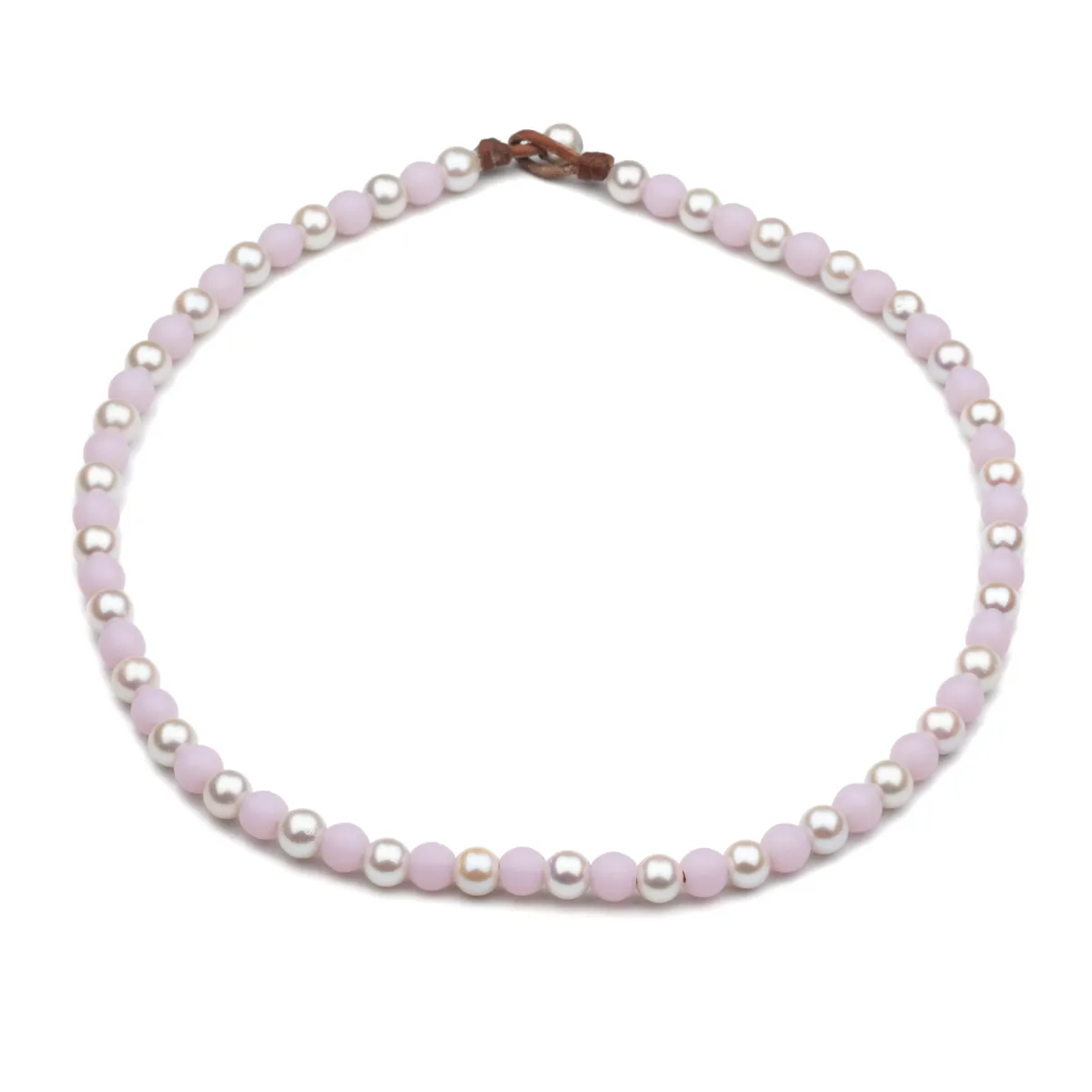 Fresh Water Pearl and lavender glass bead choker necklace on natural leather cord with knotted closure — Manos de Oro Saint Barth