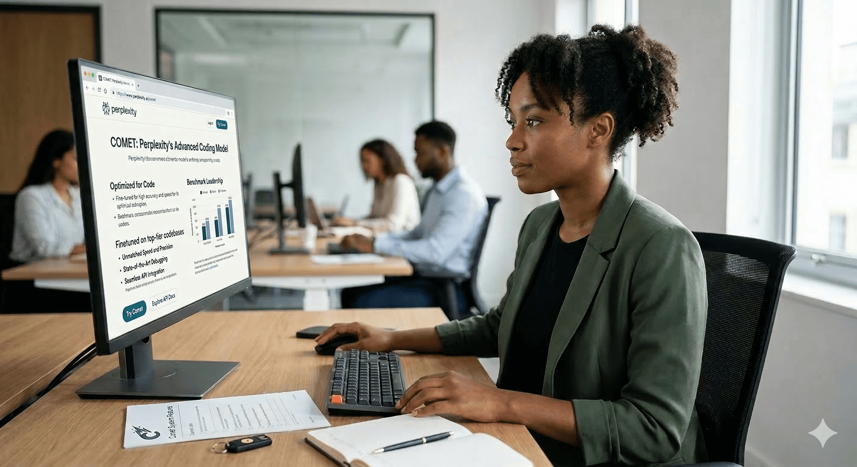 A focused individual sits at a desk in a modern classroom environment, attentively working on a computer with code visible on the screen, while textbooks labeled "Algorithms" and "System Design" are stacked beside them, illustrating the theme "AI Will Change How We Teach Computer Science—Here’s How".