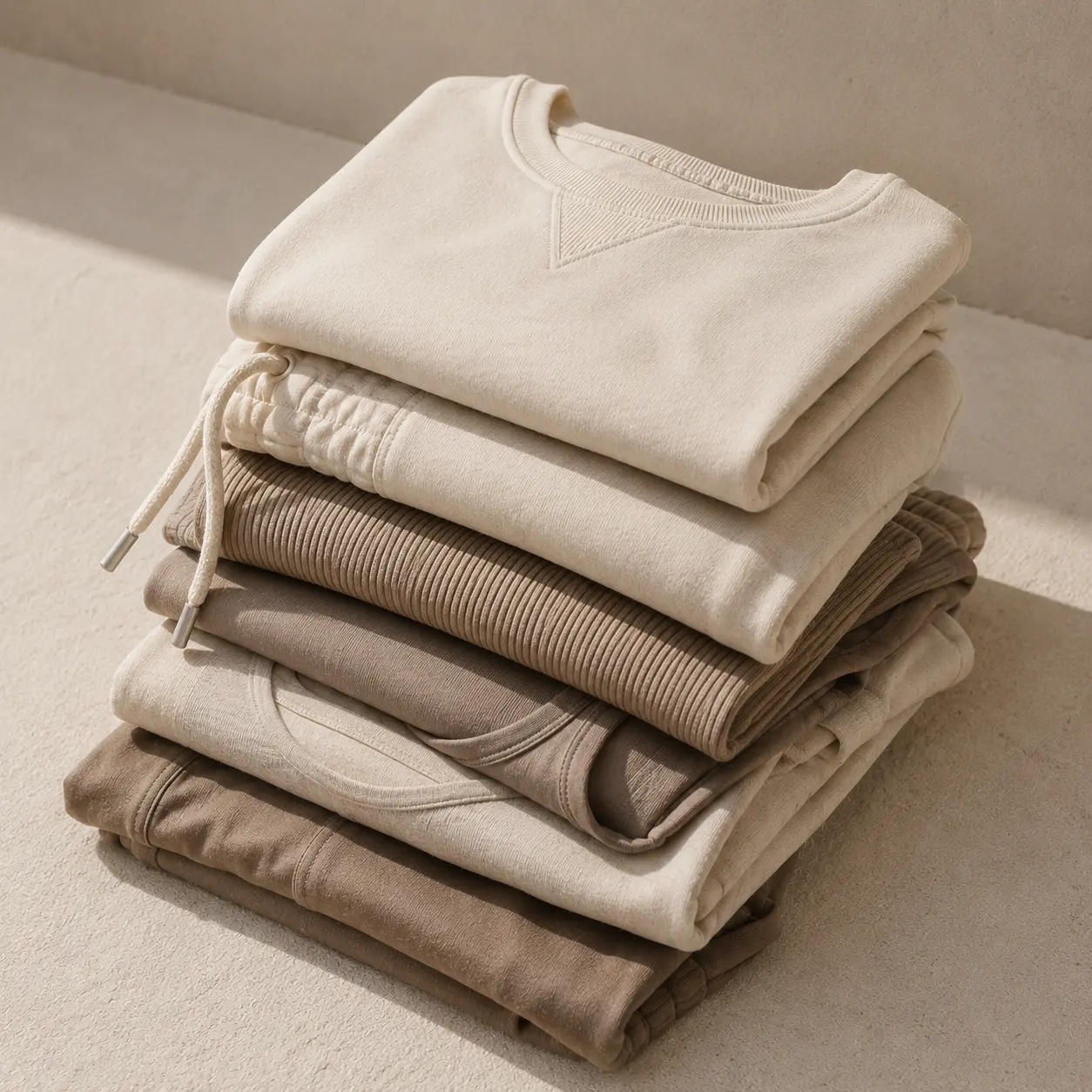 Stack of neutral knitwear and loungewear in cream, taupe and soft brown tones.