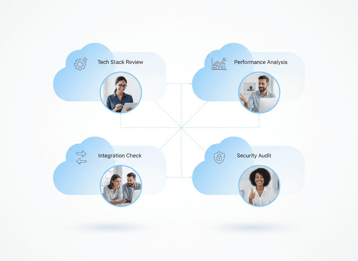“Calendly-style visual of modernization assessment steps including tech stack review, performance analysis, API integration check, and security audit for cloud migration.”