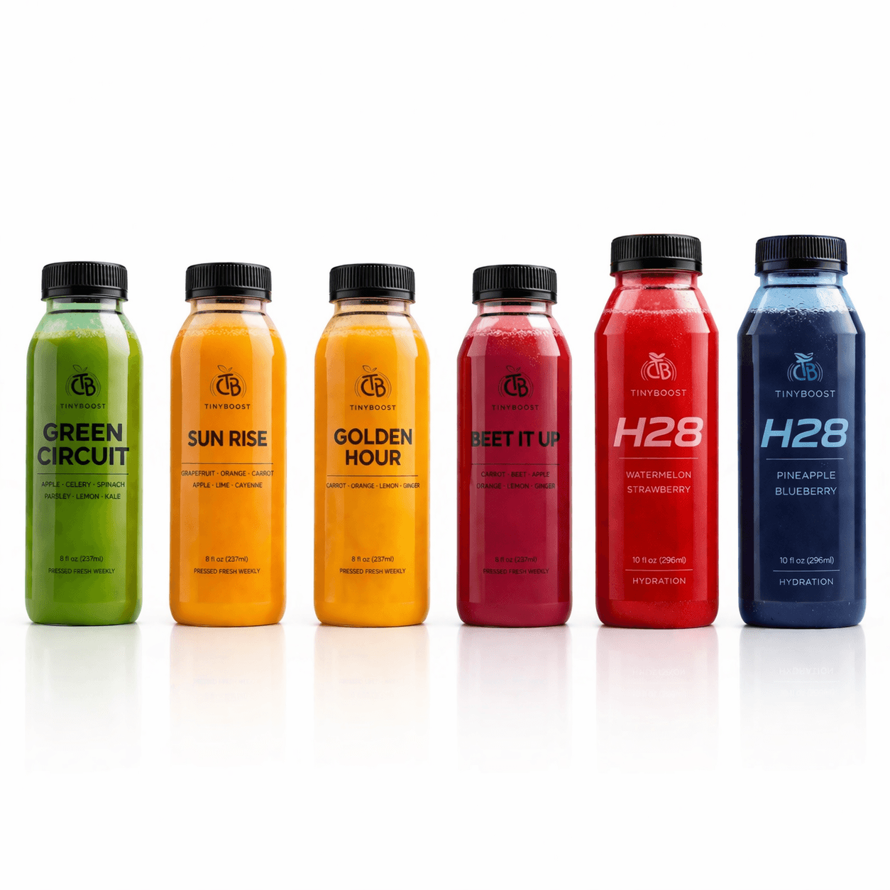 TinyBoost cold-pressed juice and hydration bottles in six flavours.