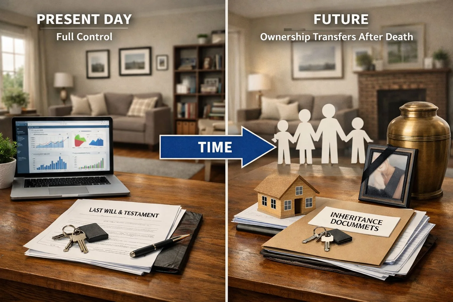 Visual timeline of a home showing current ownership on the left and automatic transfer of ownership in the future after death.
