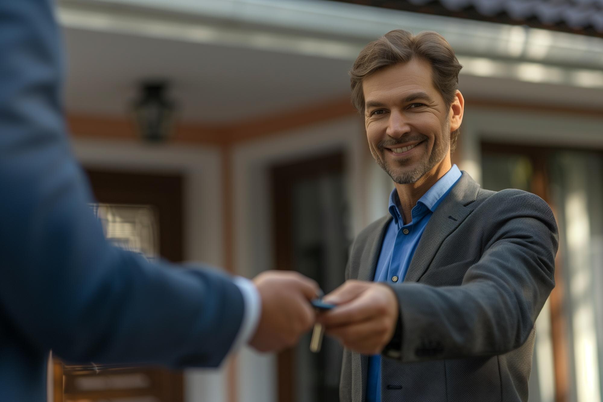 Makelaar in gesprek met klant bij woning terwijl AI-medewerker telefoontjes aanneemt