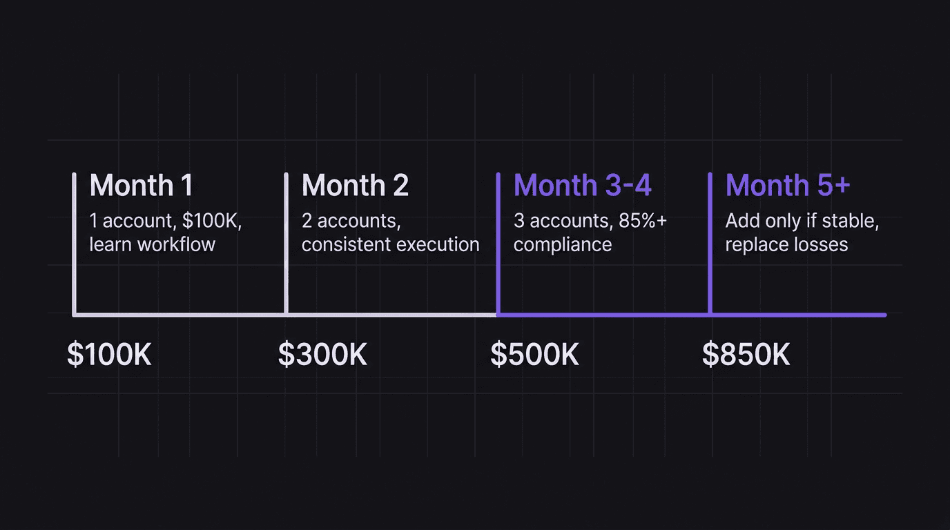 Timeline showing realistic multi-account scaling progression from month 1 to month 5
