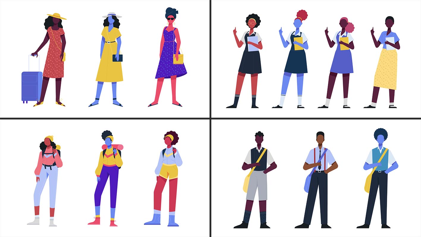 sketches of a different full body hospitality workers and guests