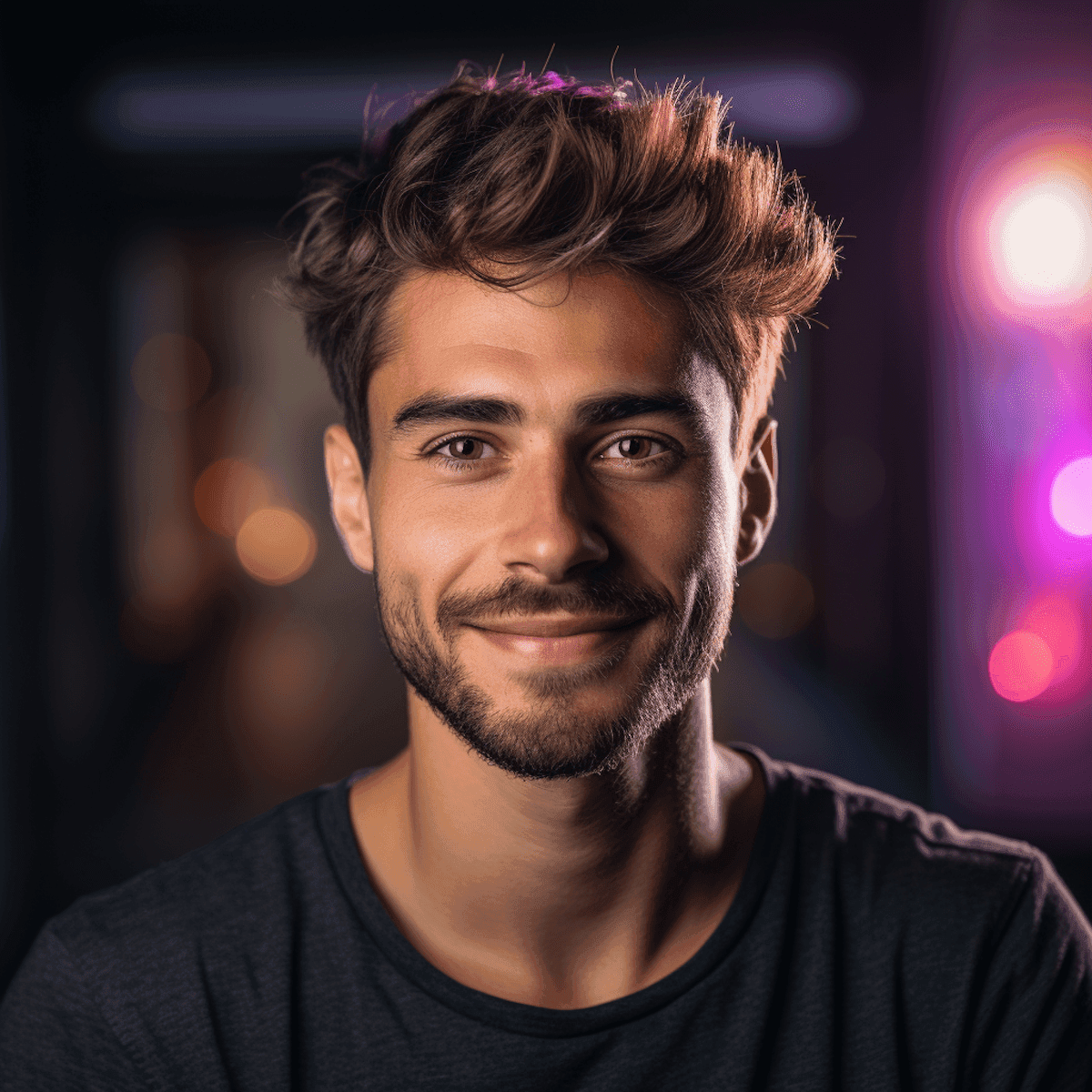  Portrait of a young man with a beard, smiling warmly at the camera.