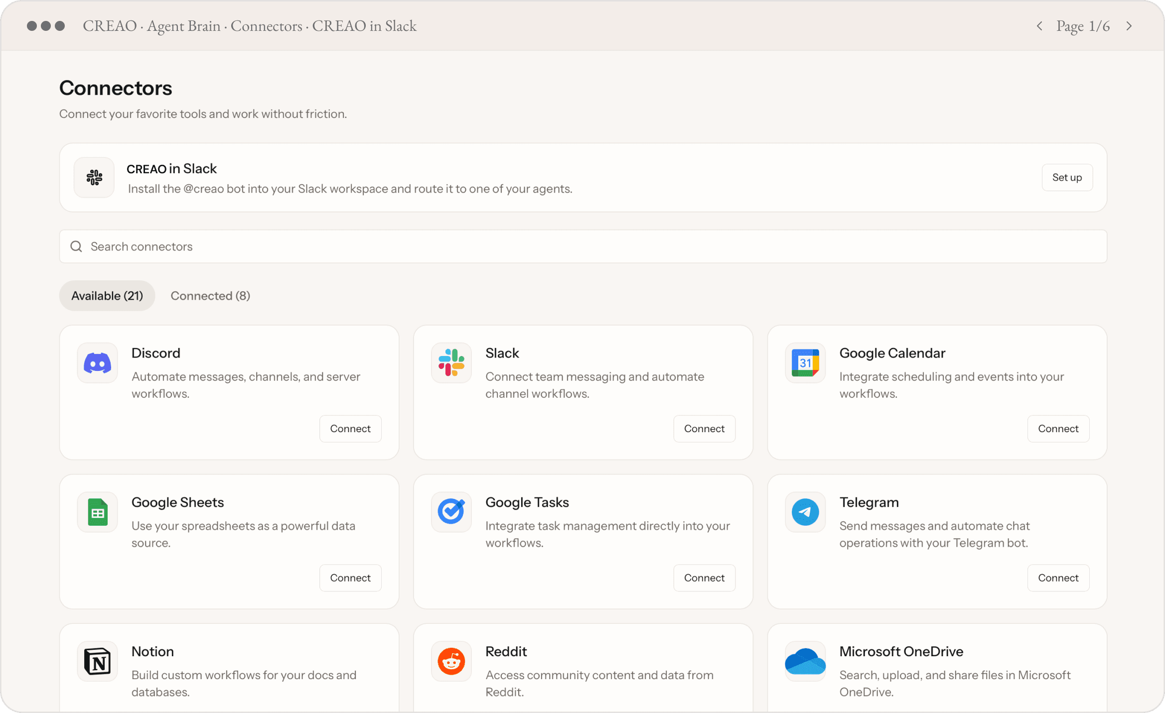 Slack integration setup step 1: find CREAO in Slack in Connectors