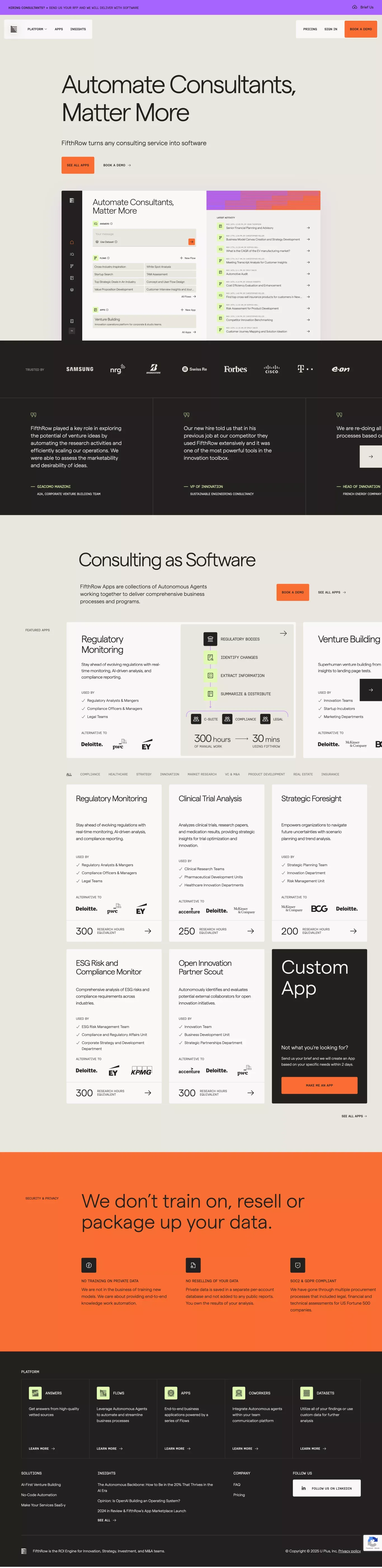 FifthRow – Consulting as Software landing page screenshot showcasing Tech design
