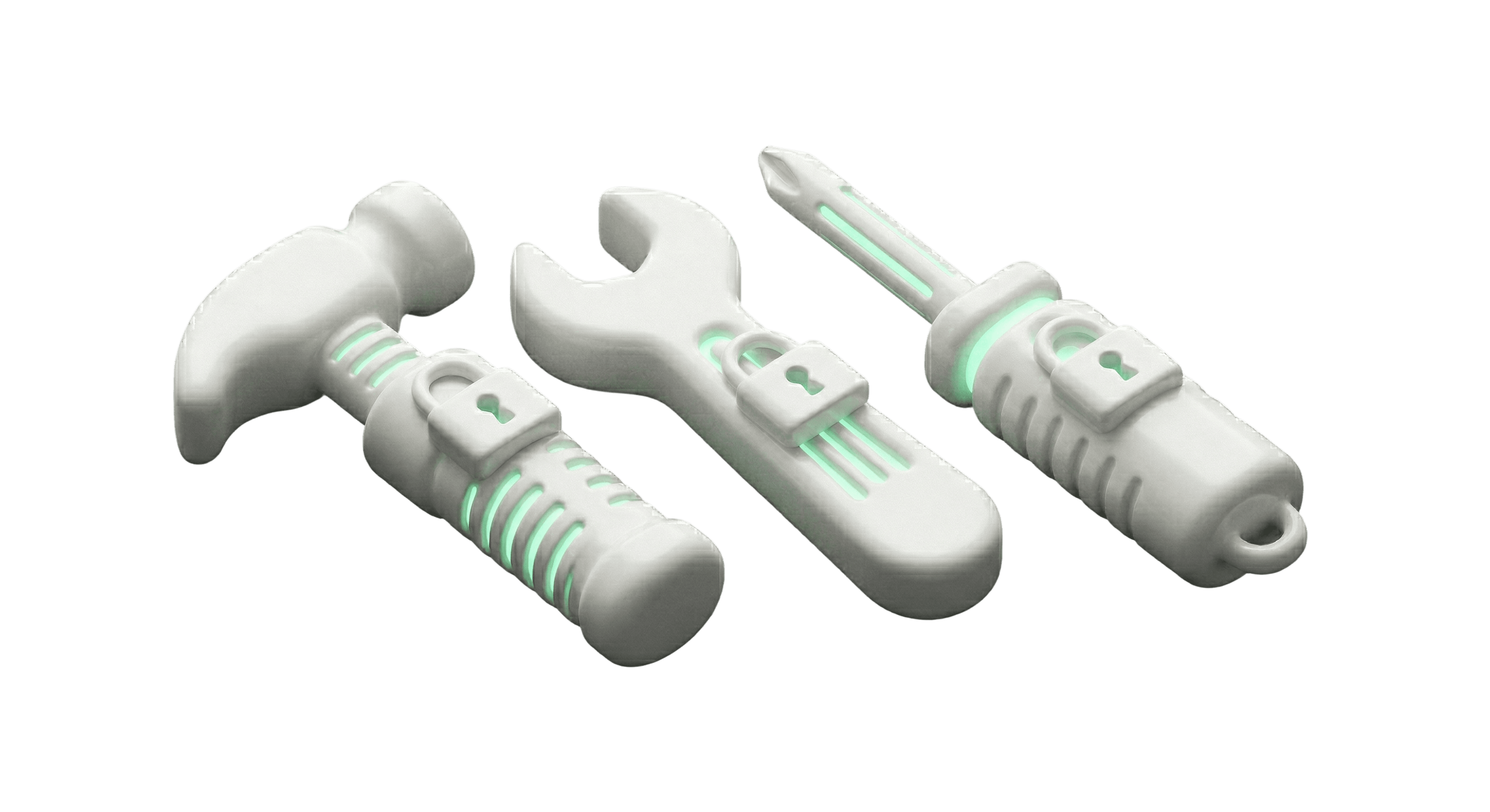 3D rendered white hammer, wrench, and screwdriver icons with glowing green accents and padlock symbols, representing secure maintenance, system configuration, and protected digital tools.