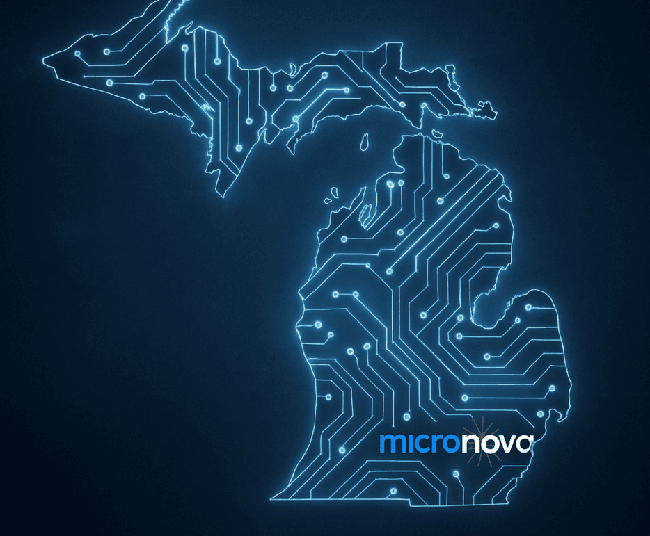 Michigan map with circuit board lines and Micronova logo