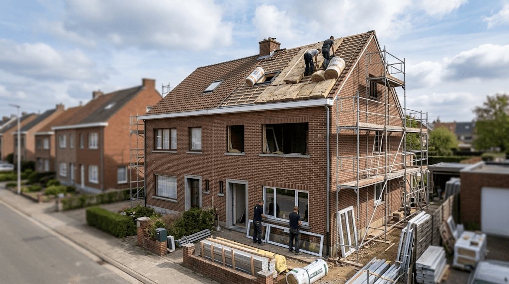 Maison en rénovation énergétique à Waterloo avec isolation de toiture et nouveaux châssis.