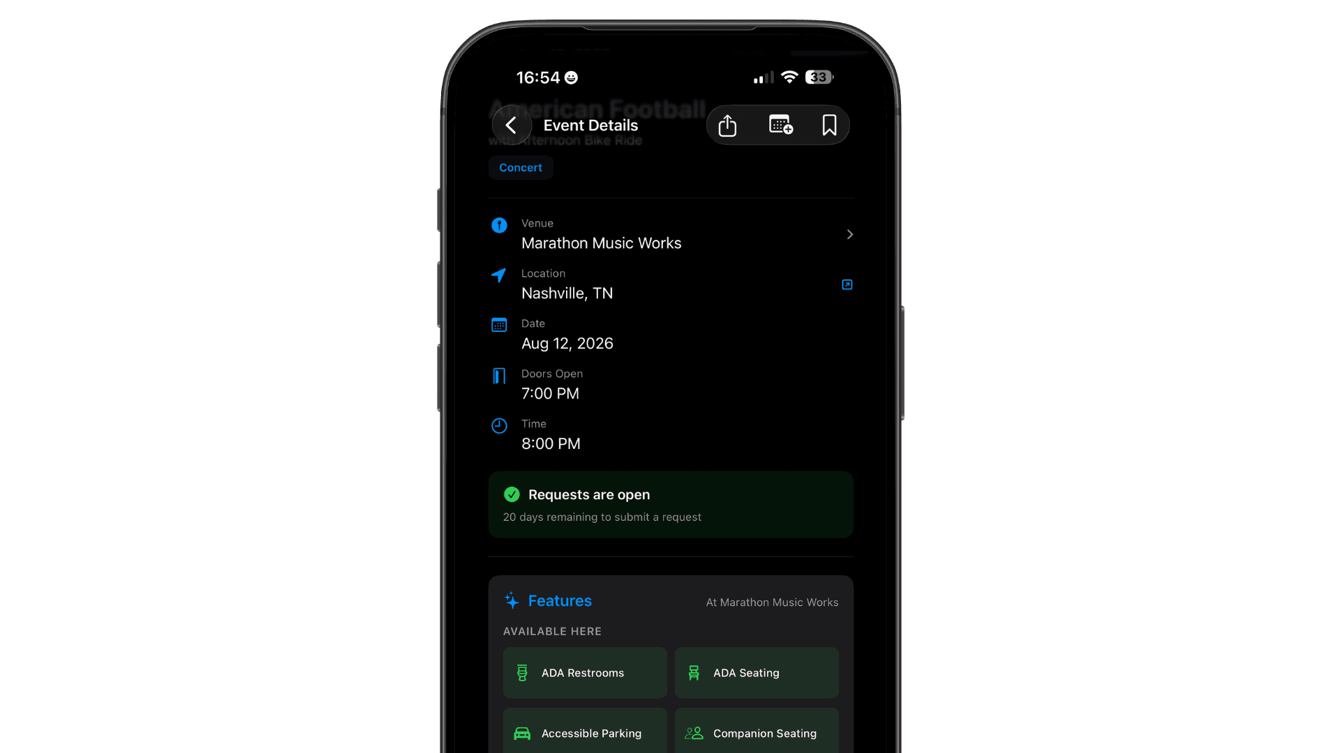 Graphic: FCA guest app "My Requests" screen listing event requests with statuses like Under Review, Submitted, and Completed.