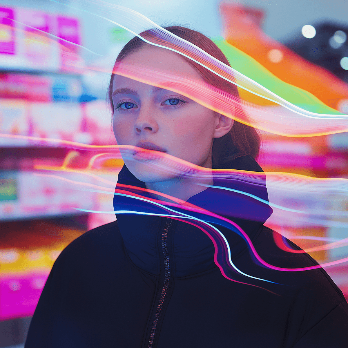  A woman is depicted with a bright, colorful light trail flowing behind her, adding energy and movement to the scene.