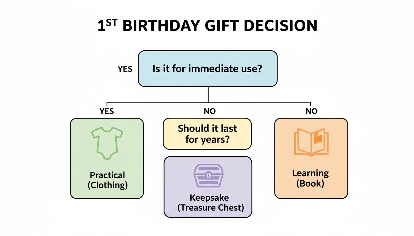 Decision tree for choosing 1st birthday gifts based on immediate use, longevity, or learning categories.