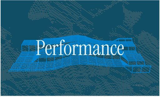 Blue grid terrain surface with the word Performance in the center.