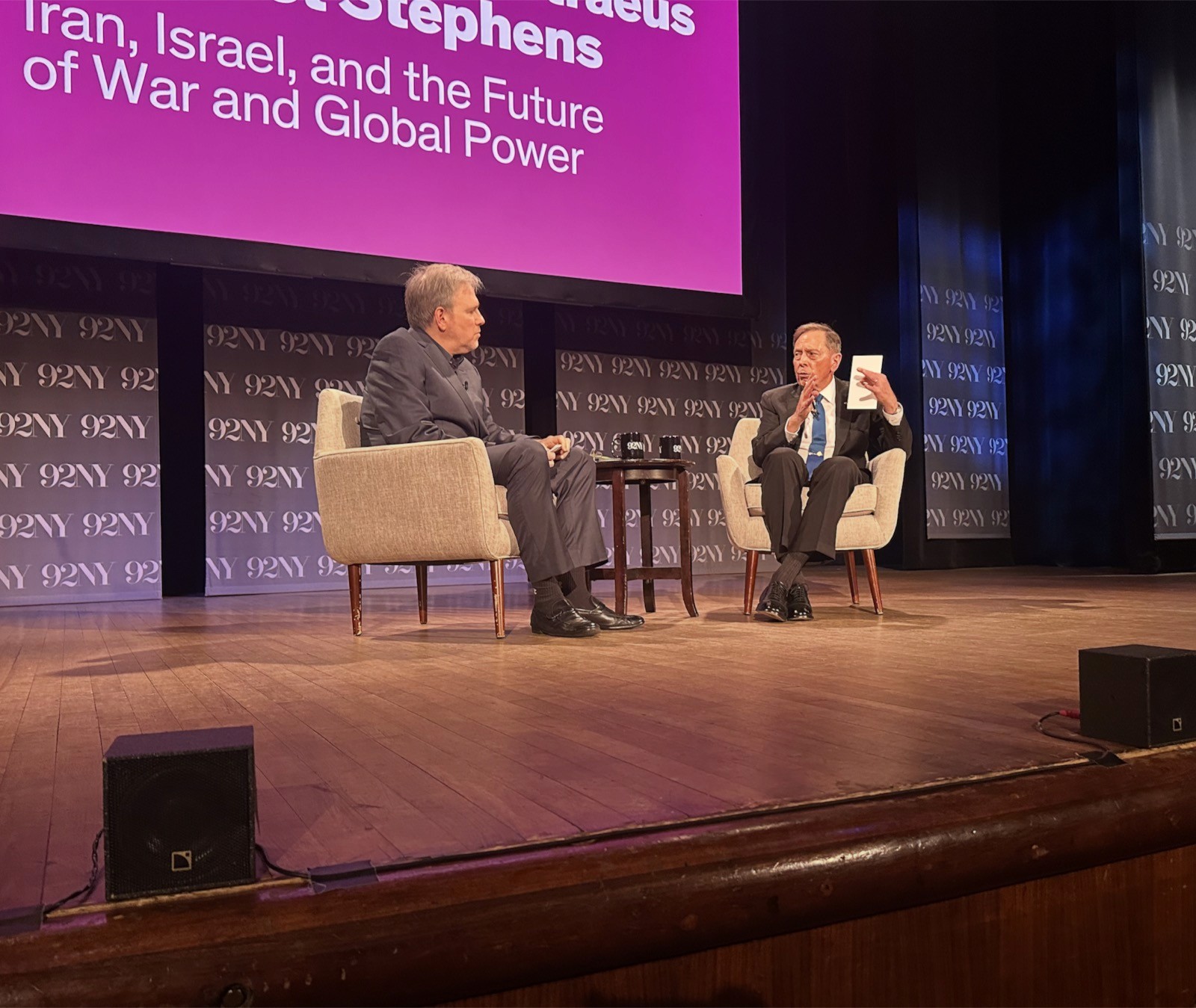 General David Petraeus (right) in conversation with the columnist Bret Stephens at the 92nd Street Y, New York, on May 31, 2026. Photo by the author.