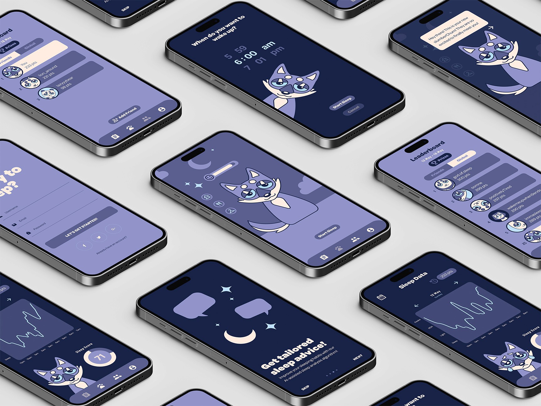 Concept screens for slumberChun, a gamified sleep tracking app.