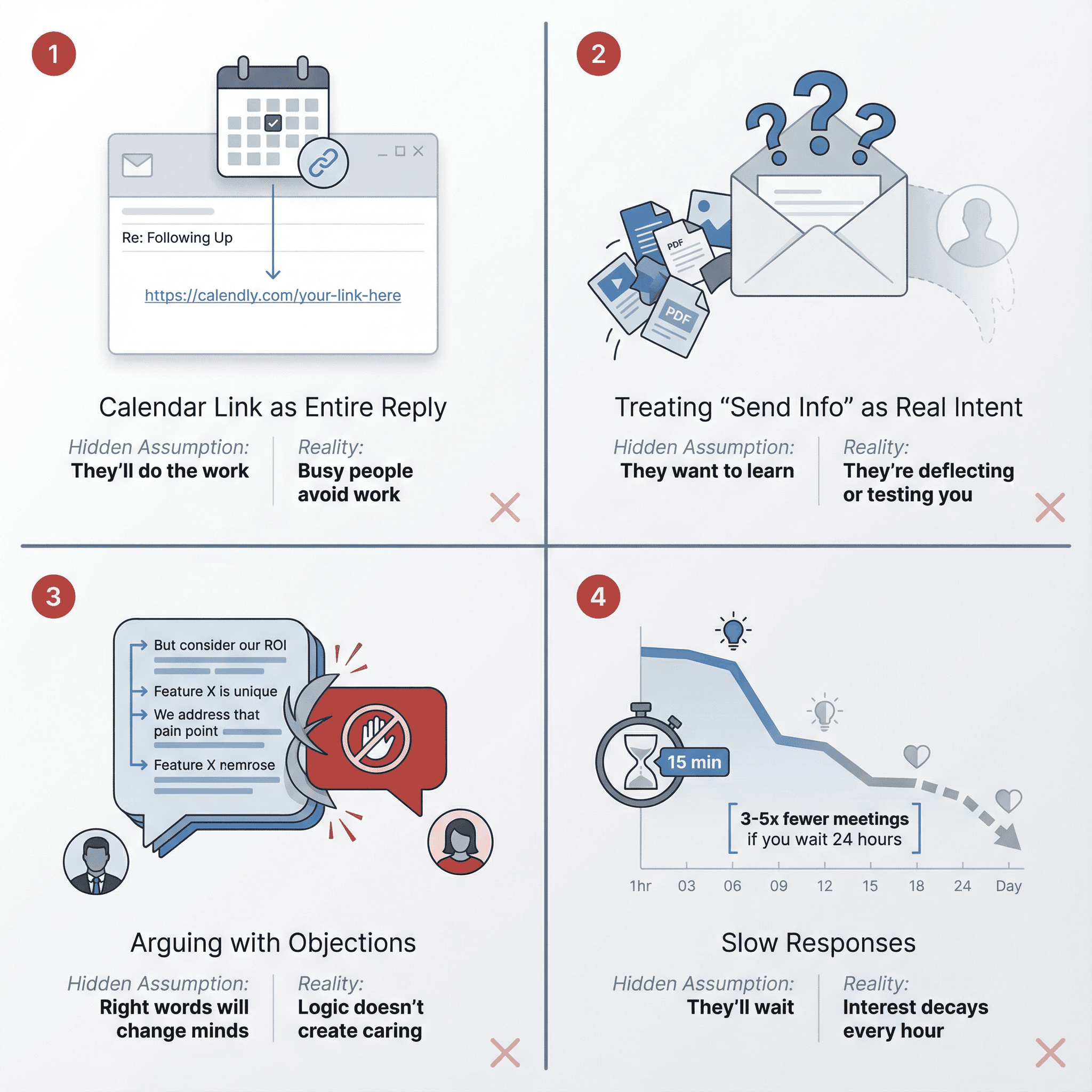 Four critical reply handling mistakes illustrated as obstacles blocking the path from prospect interest to booked meeting