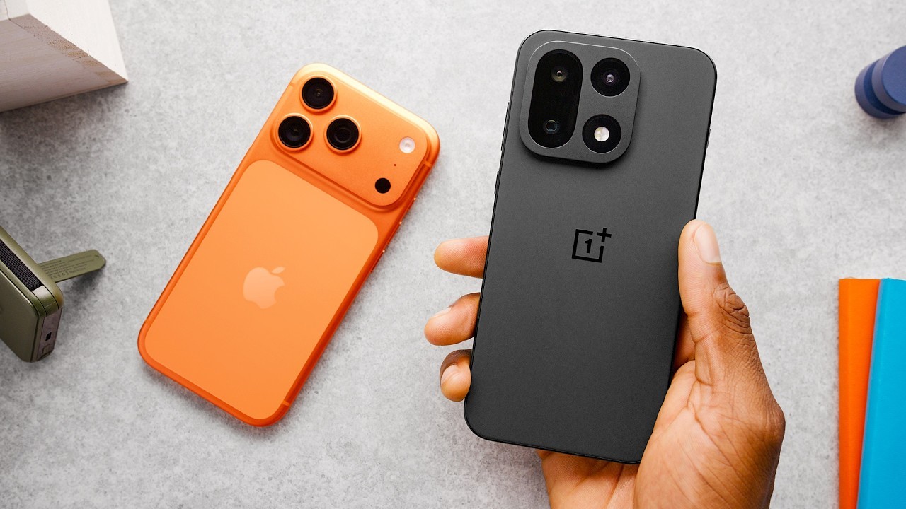 MKBHD-style phone setup thumbnail with desktop flat lay, orange phone, and app-filled display