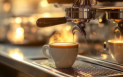 Close up of coffee machine pouring coffee into the cup.