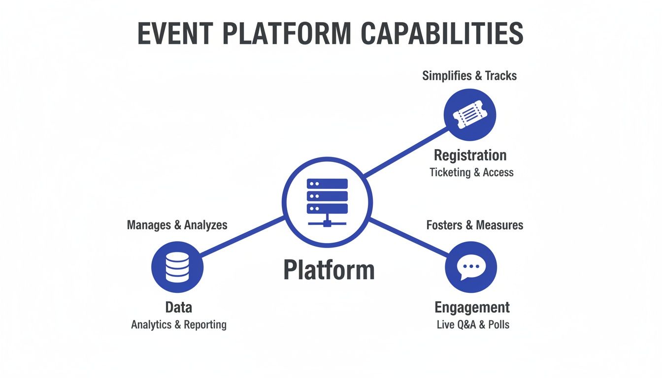 An event platform diagram illustrating core capabilities like registration, data management, and audience engagement features.