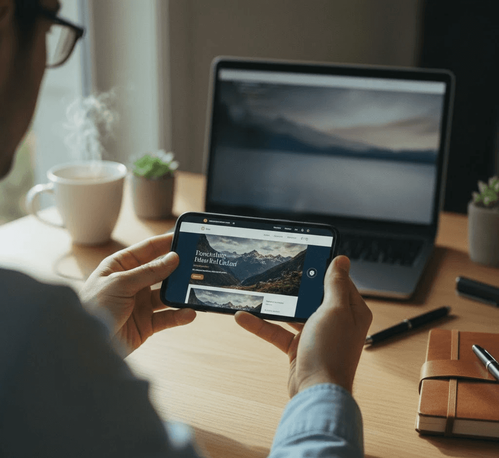 Een mockup van een website op een telefoon die wordt vastgehouden in iemands handen