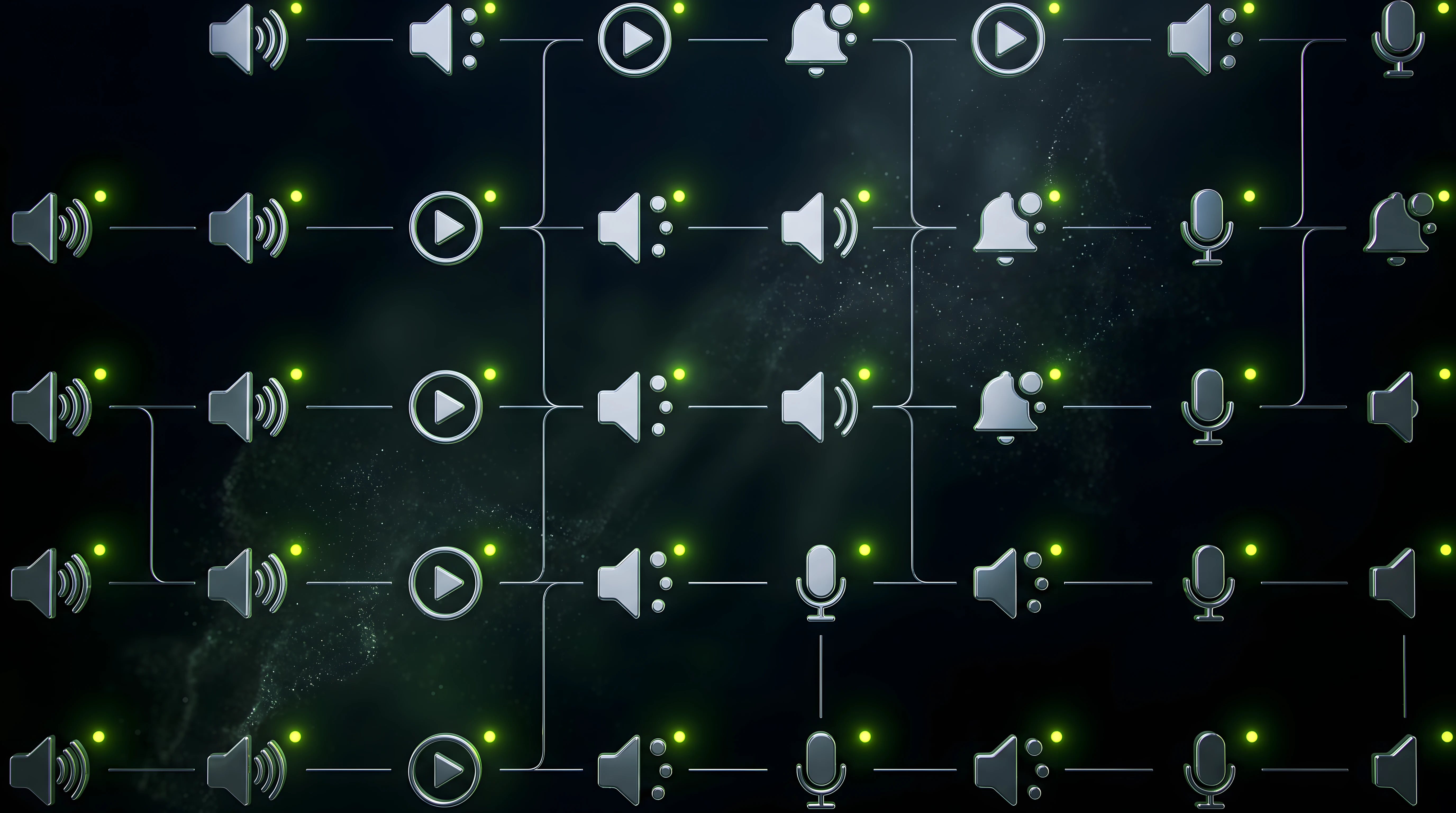 Grid of abstract audio touchpoint icons connected by thin chrome lines over deep black, each marked with a small glowing score, illustrating a sonic touchpoint inventory.