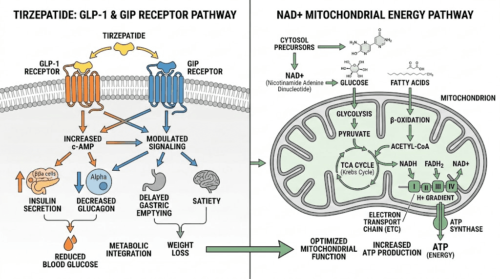 NAD+ and tirzepatide molecular pathways diagram showing how they work together