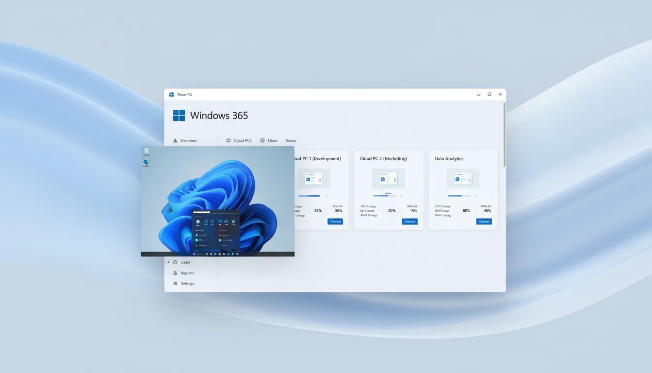 Stylized composition of a Windows 365 SaaS dashboard, presented in a Clean Light Mode with Windows 11 Fluent UI design. The layout features a primary browser window showing a central grid of three cards representing Cloud PCs, complete with placeholder data and UI elements. Overlapping on the left is a smaller window displaying a Windows 11 desktop with its distinctive blue abstract wallpaper and taskbar. The entire interface floats over a soft, abstract background of flowing light blue and white waves, creating an airy, modern aesthetic with muted blue and white accent colors.