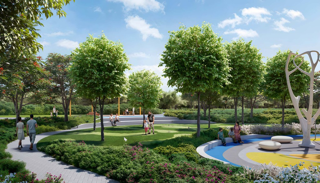 A vibrant park at Hillsedge by Emaar, designed for play and recreation, featuring open spaces and play areas for all ages.