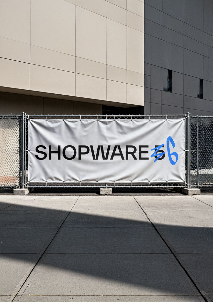 Ein Bauzaun, auf dem ein Werbeplakat hängt. Auf ihm steht "Shopware 5 zu 6"