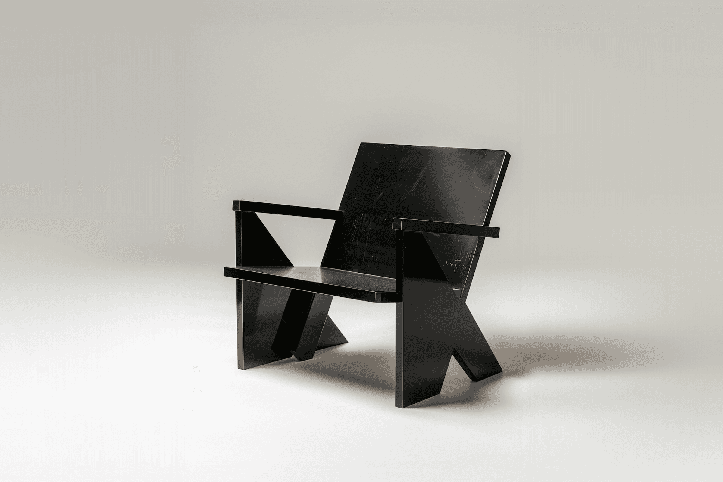 Sleek black geometric chair with an 'X' leg design, flat surfaces, and visible wear, perfect for modern minimalist interiors.