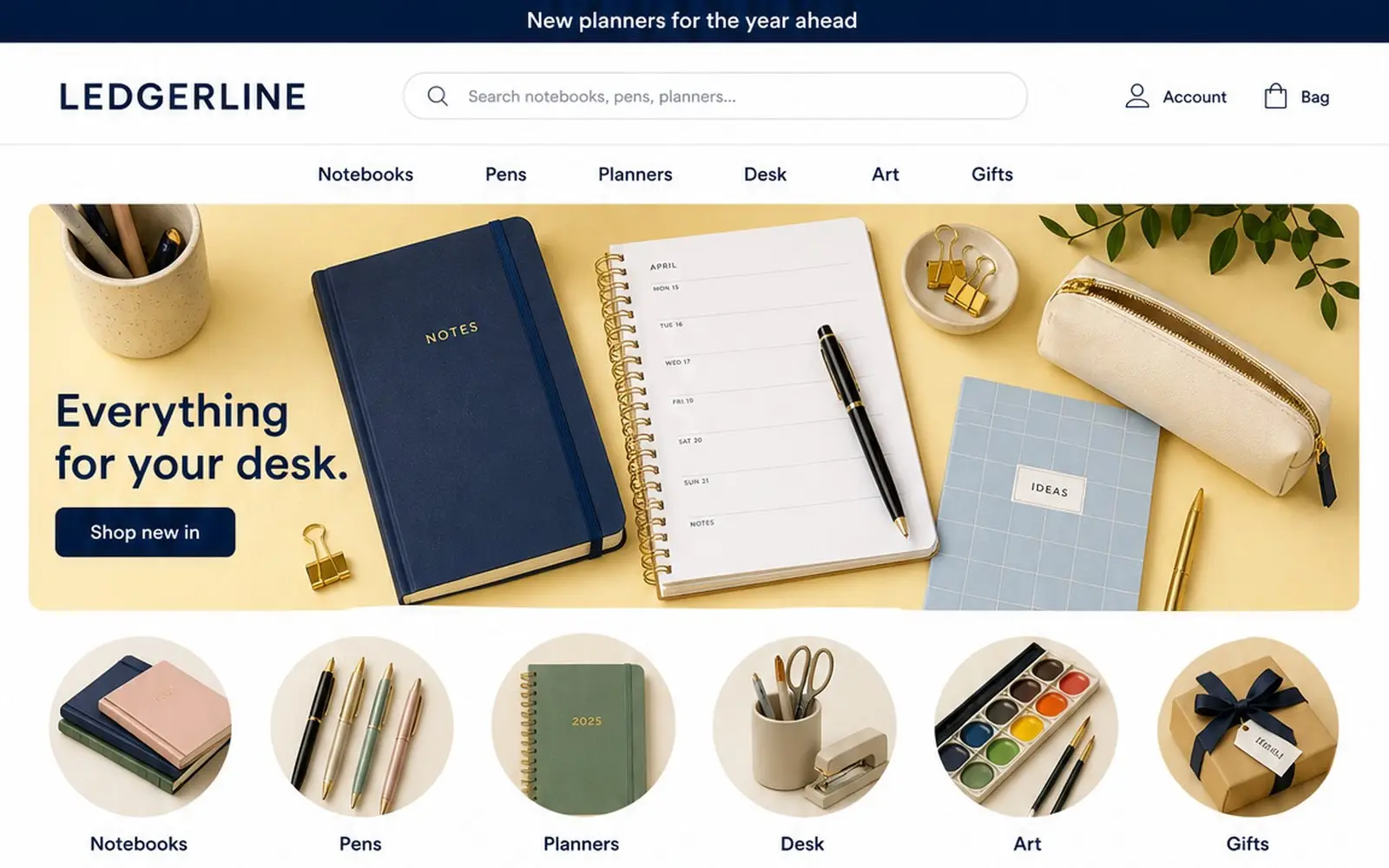 Shopify homepage design for Ledgerline, an example stationery store