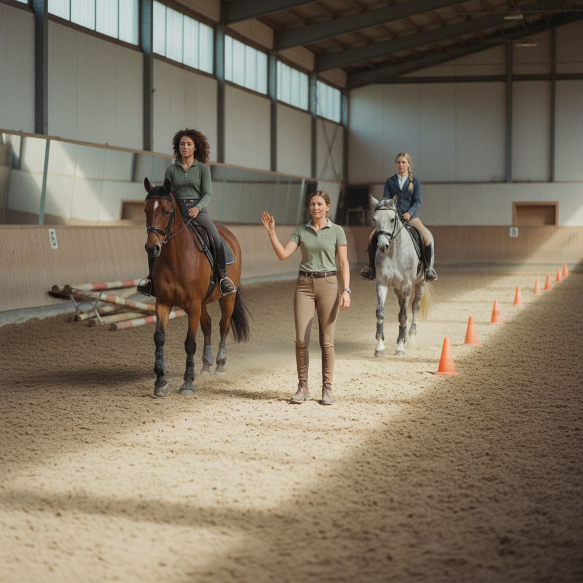 Der Trainer steht an der Mittellinie und gibt ein Signal, zwei Reiter wechseln gleichzeitig durch die ganze Bahn. Pylonen markieren Abstände, eine Cavaletti-Reihe bleibt unberührt am Rand. Die Pferde bewegen sich ruhig, die Reihenfolge der Übungen ist klar erkennbar. Alles greift ineinander.