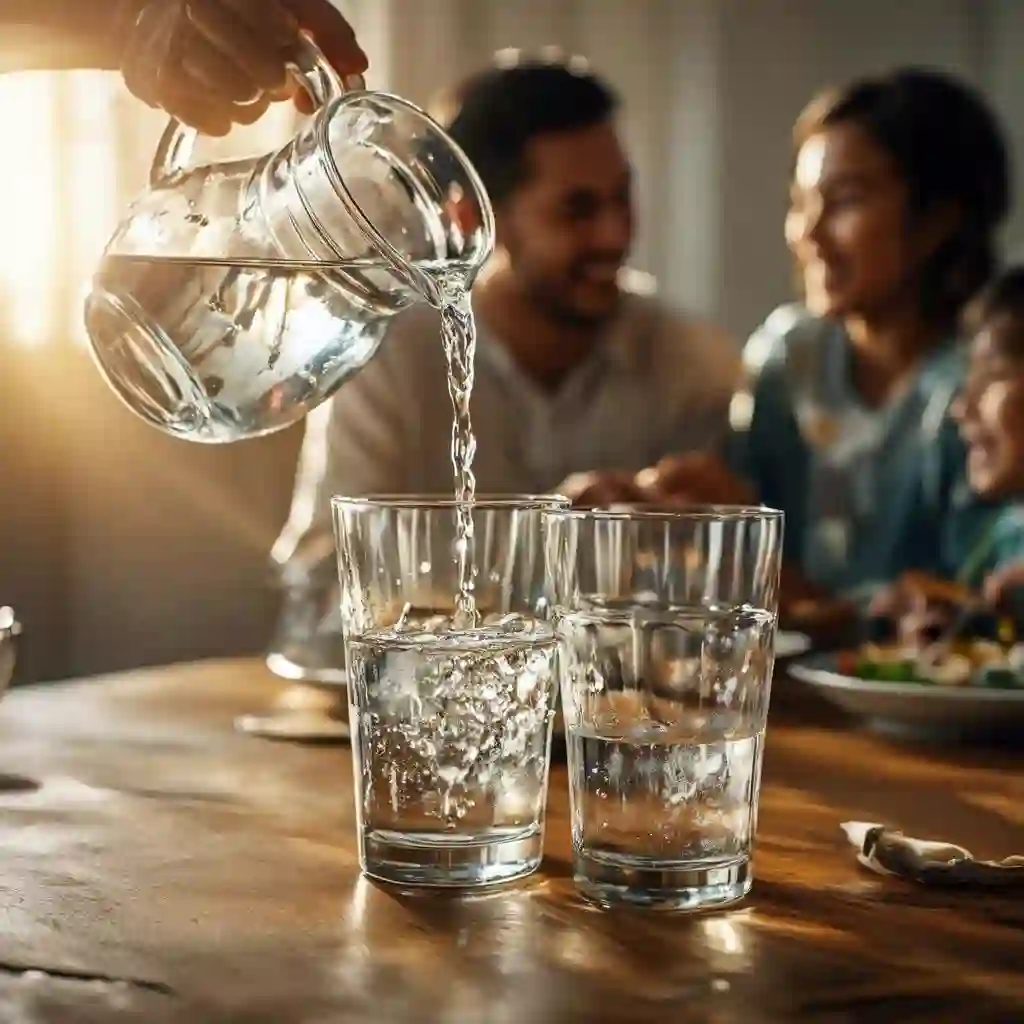 Sebuah keluarga sedang menikmati air minuman Kangen Water yang bersih dan sihat di meja makan, menjamin hidrasi seisi rumah.