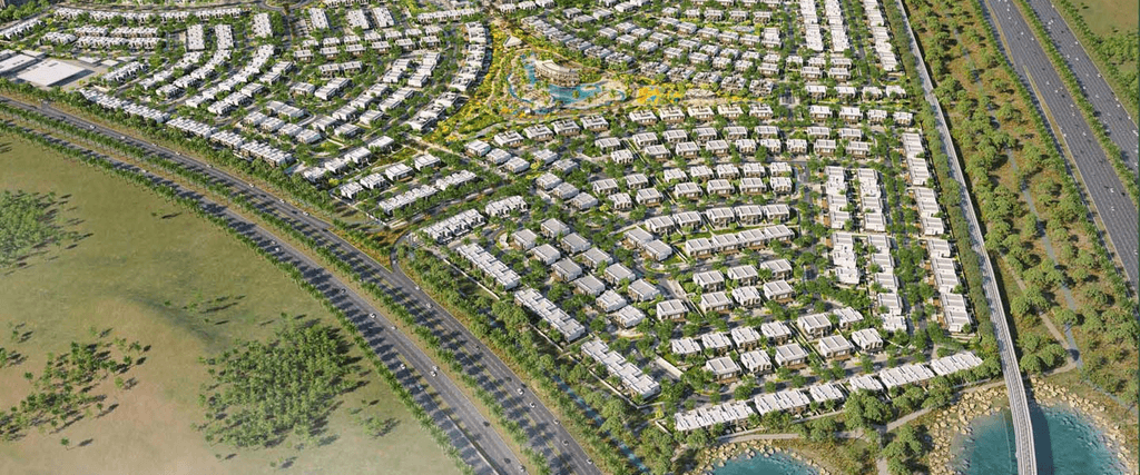 The Pulse Beachfront aerial: futuristic city, modern architecture, vibrant urban design.