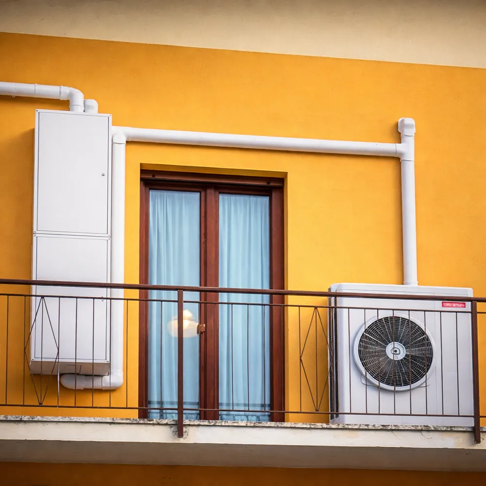 Impianto termico con caldaia, tubazioni coibentate, serbatoi e componenti idraulici installati in locale tecnico.