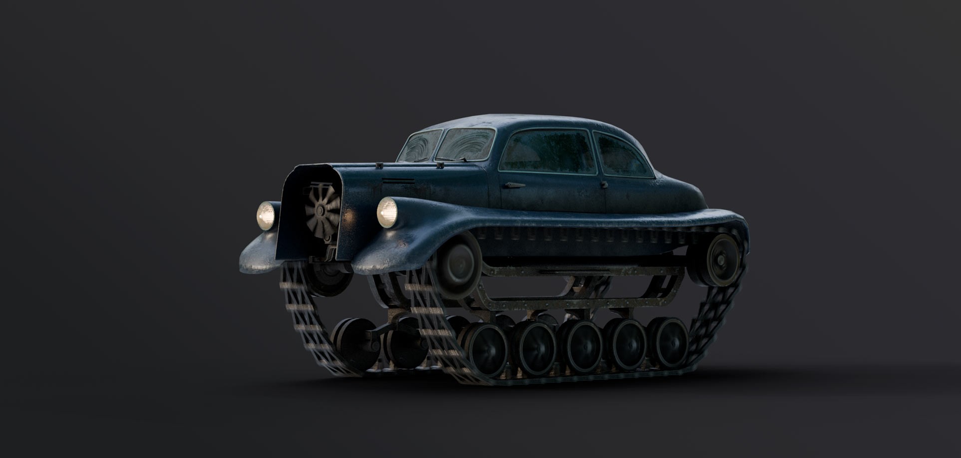 3d model of old car on tank chassis 