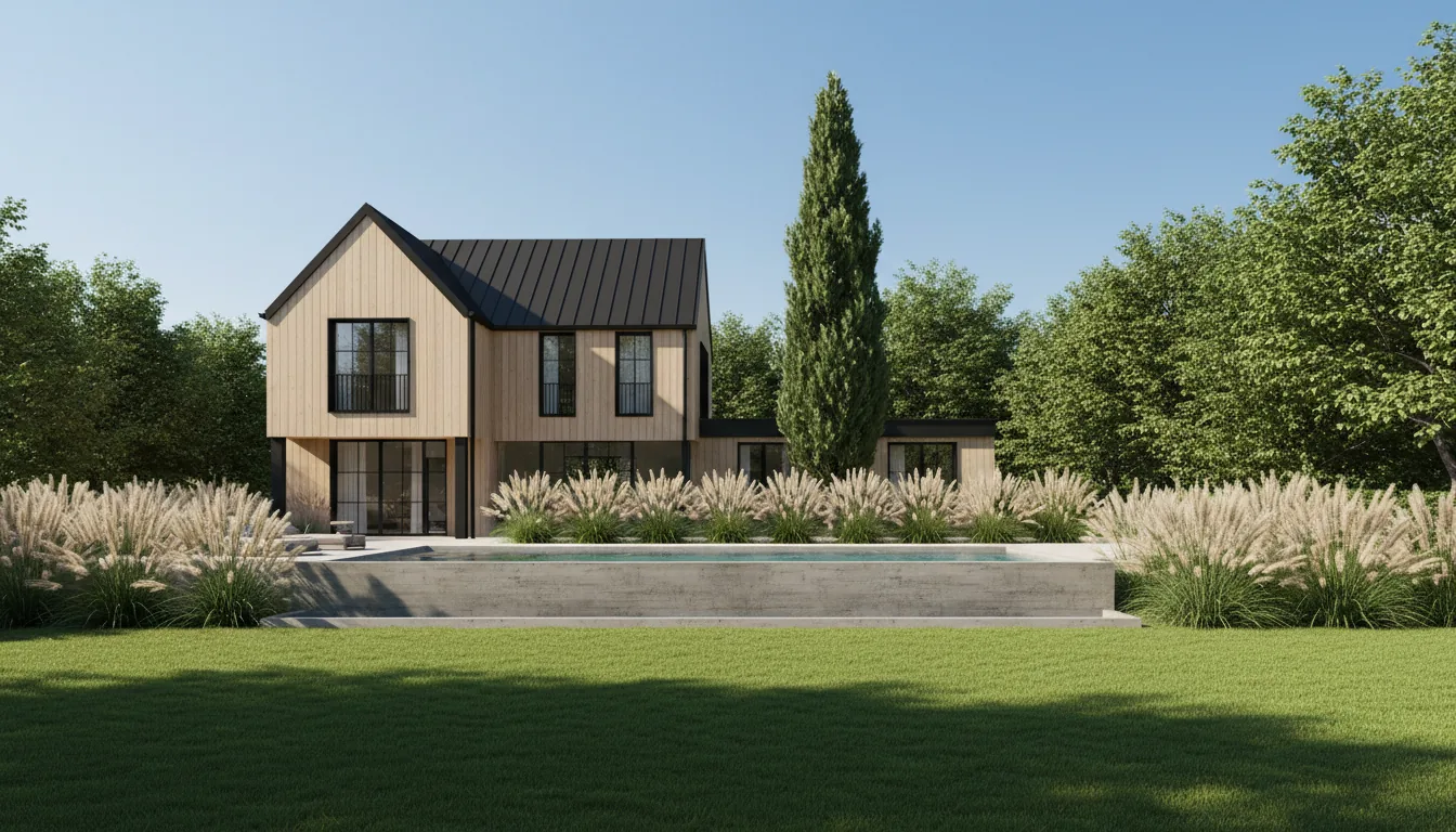 Photorealistic 3D architectural visualization, Unreal Engine render style, showcasing a modern two-story home with a dark gabled roof, black metal trim, and light wood siding. The scene is set in a lush backyard with a vibrant green lawn. A prominent raised rectangular swimming pool with a raw, board-formed concrete base sits in the mid-ground, surrounded by tall ornamental grasses. A tall Italian cypress tree and other leafy trees create a natural backdrop under a clear blue sky. The lighting is bright, natural daylight, casting soft, realistic shadows. Eye-level, wide-angle shot from the garden.