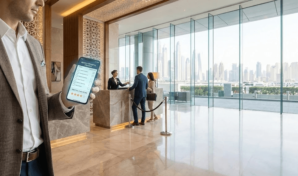 A person in a suit holds a smartphone in a modern office lobby with large windows and business people in the background.