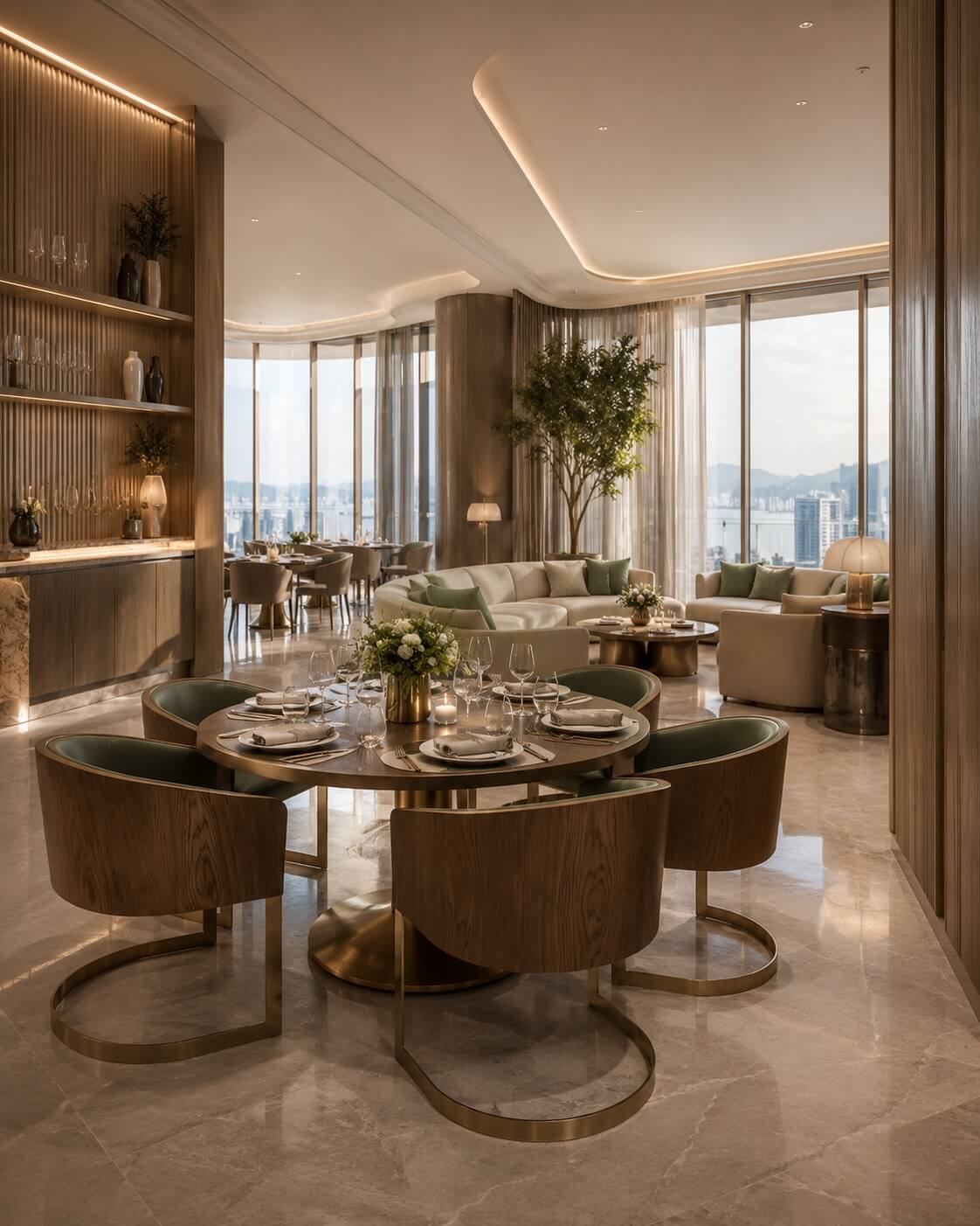 Refined high-rise resident lounge with elegant dining, custom wood millwork, soft lighting, and panoramic city views.