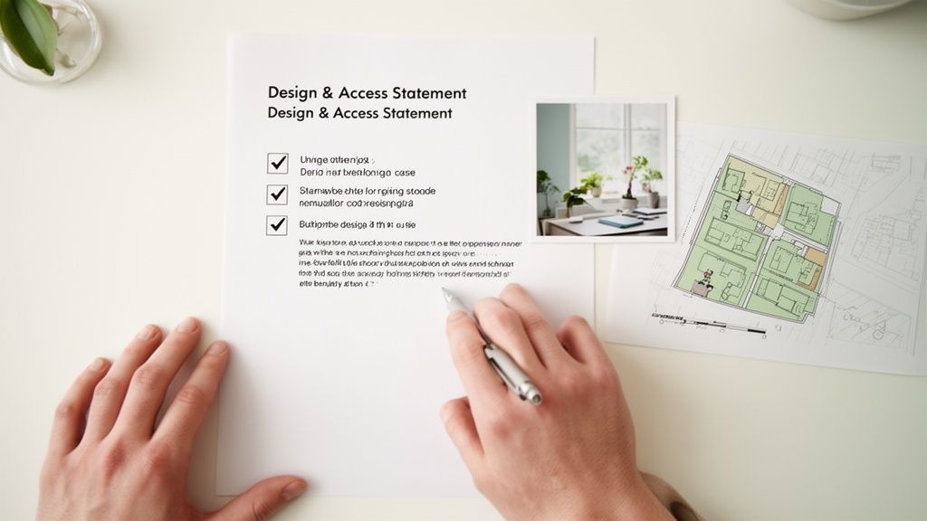 Overhead view of hands writing on a 'Design & Access Statement' next to building plans.
