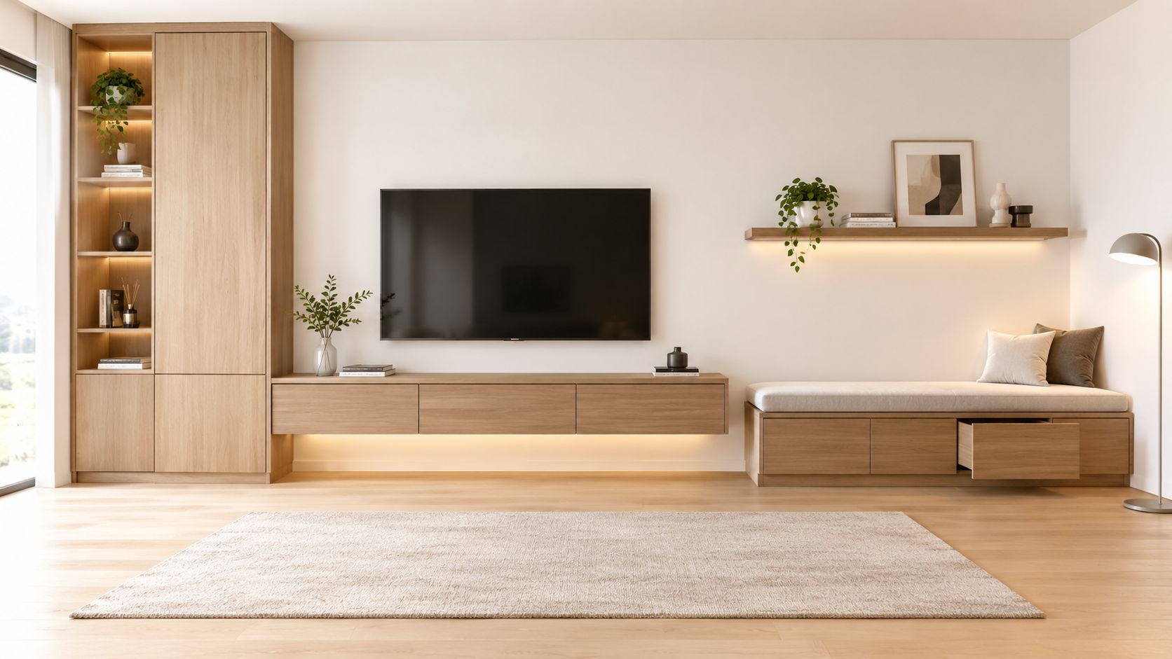 A modern minimalist living room featuring a wooden media console, wall-mounted television, built-in shelving, and cozy seating.