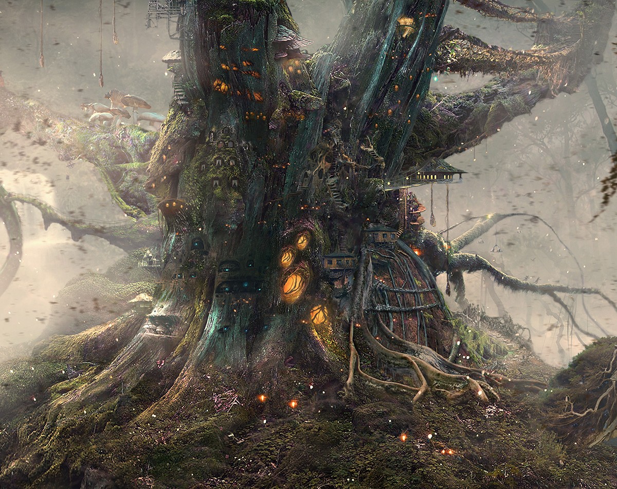 Illustration of a fantasy village in a tree