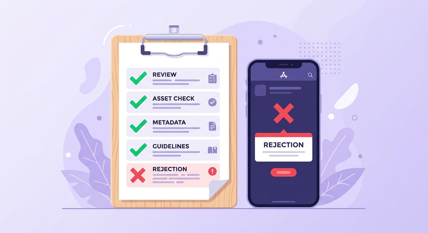 Illustration of an app store submission checklist with a rejection notice on a phone