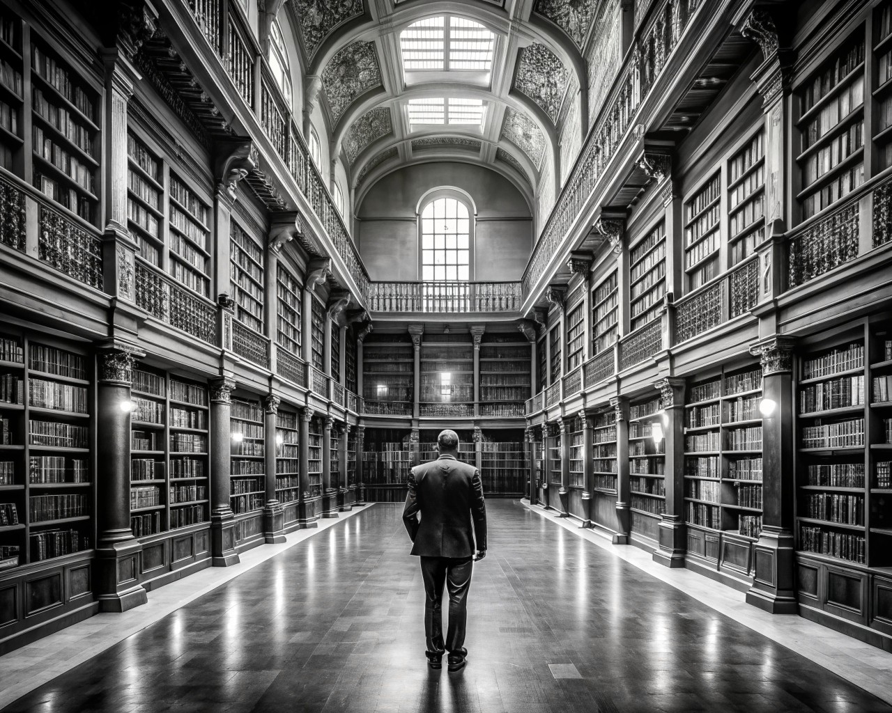 a man standing in the labrary