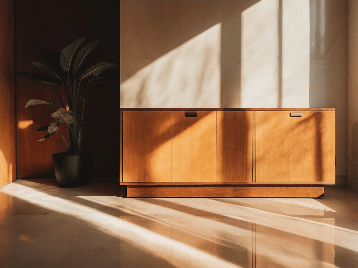 Close-up of illuminated wooden architectural detail with warm sunlight creating angular shadow patterns on orange-toned surface