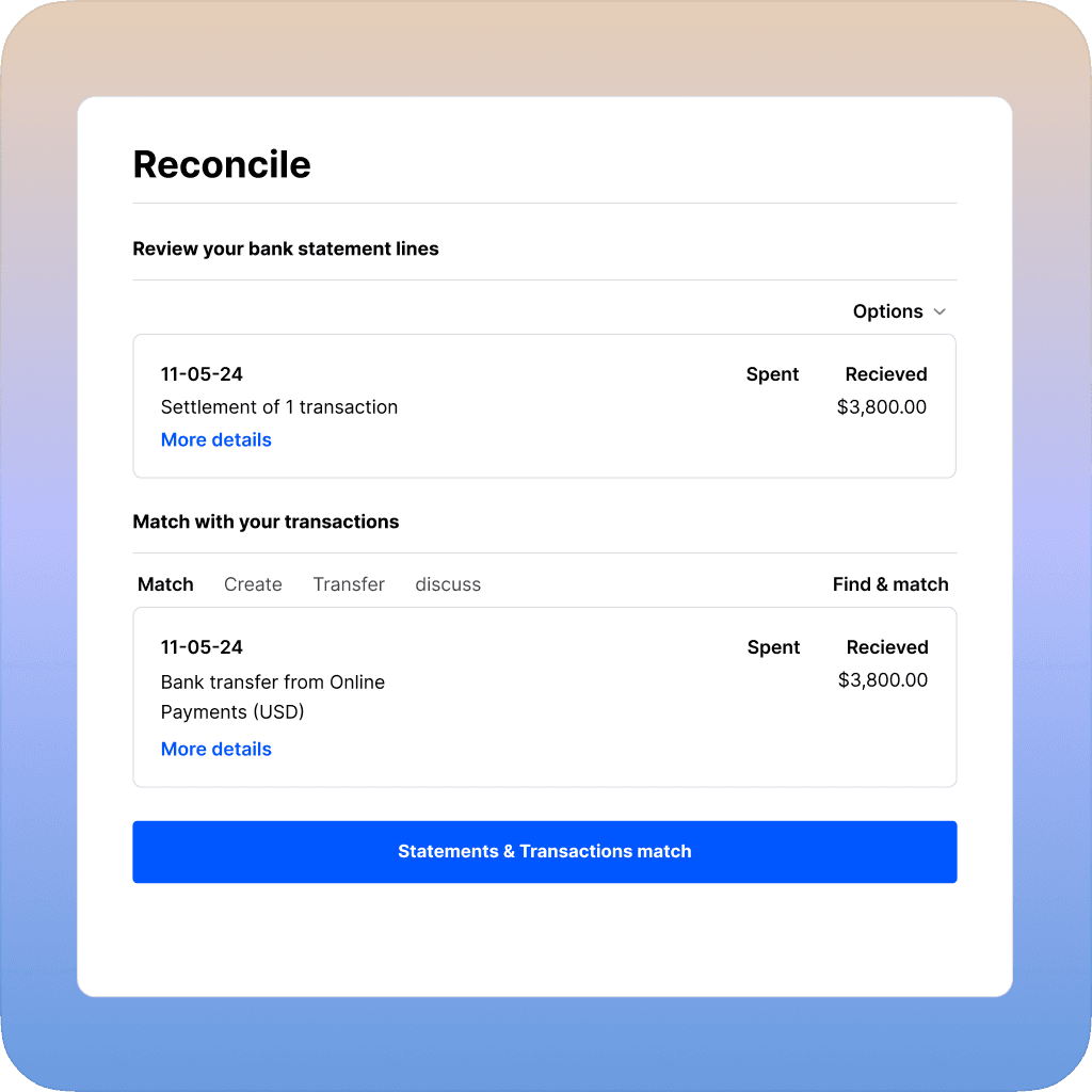 Reconciliation interface displaying a review of bank statement lines and matching with transactions, showing a $3,800 bank transfer entry ready for matching.