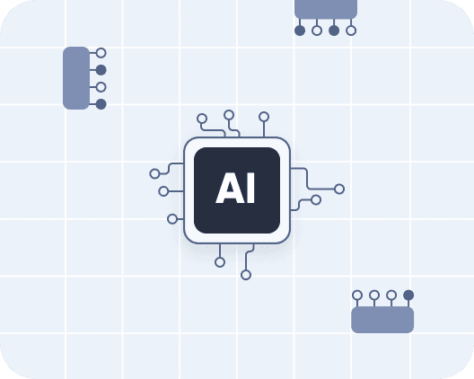 This image features a central microchip labeled "AI," surrounded by abstract digital circuit patterns on a light grid background, symbolizing advanced artificial intelligence technology.